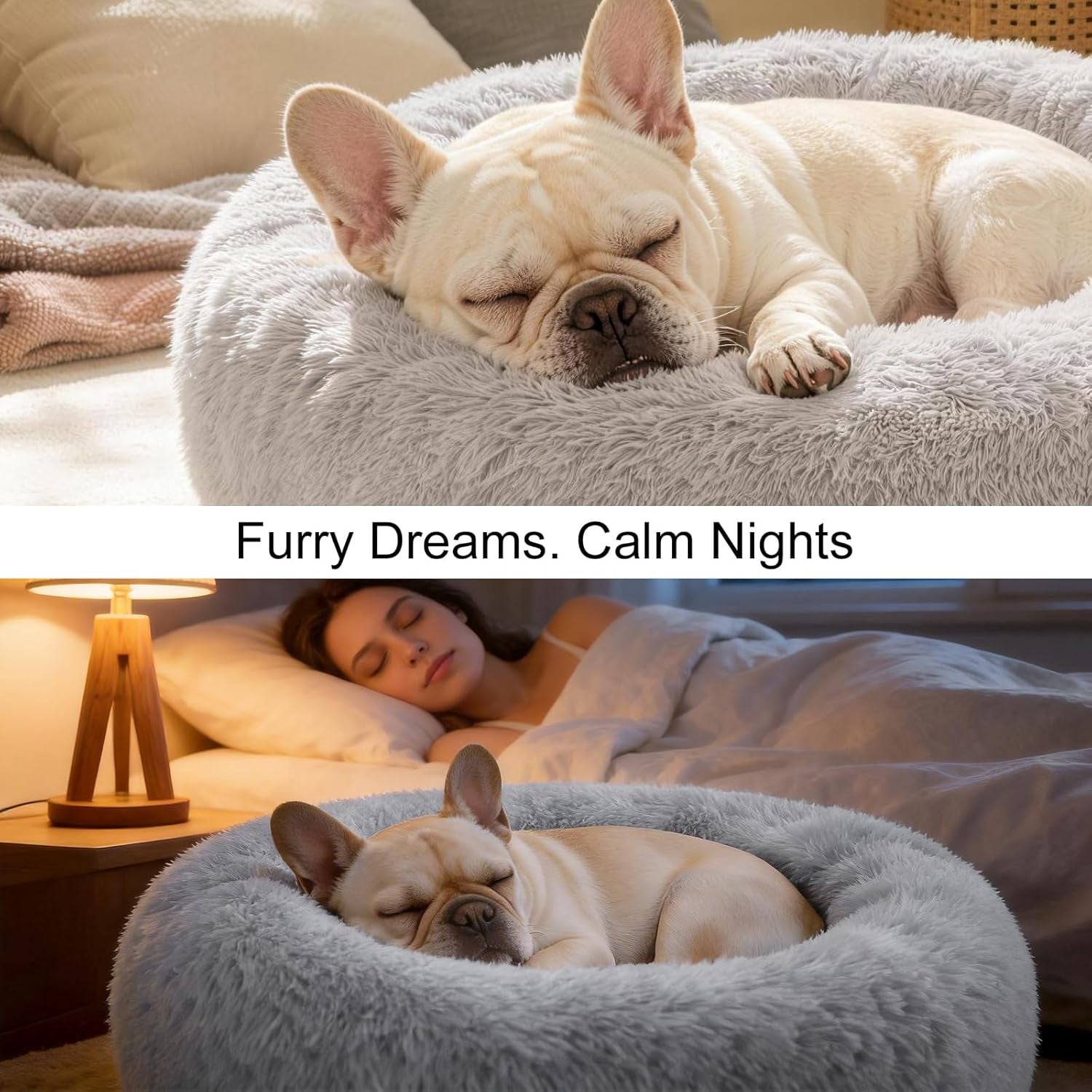 Dog Calming Beds for Small Medium Dogs - round Donut Washable Dog Bed, Anti-Slip Faux Fur Fluffy Donut Cuddler Anxiety Cat Bed(Light Grey 32")