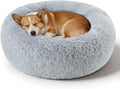 Dog Calming Beds for Small Medium Dogs - round Donut Washable Dog Bed, Anti-Slip Faux Fur Fluffy Donut Cuddler Anxiety Cat Bed(Light Grey 32")