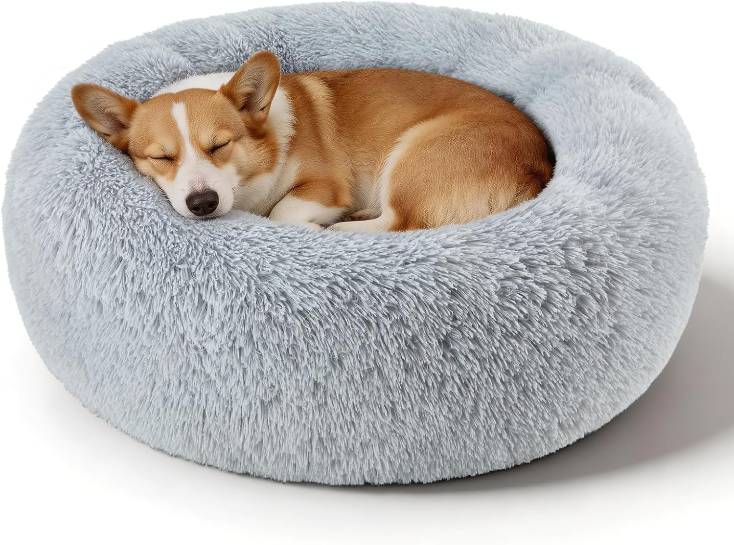 Dog Calming Beds for Small Medium Dogs - round Donut Washable Dog Bed, Anti-Slip Faux Fur Fluffy Donut Cuddler Anxiety Cat Bed(Light Grey 32")