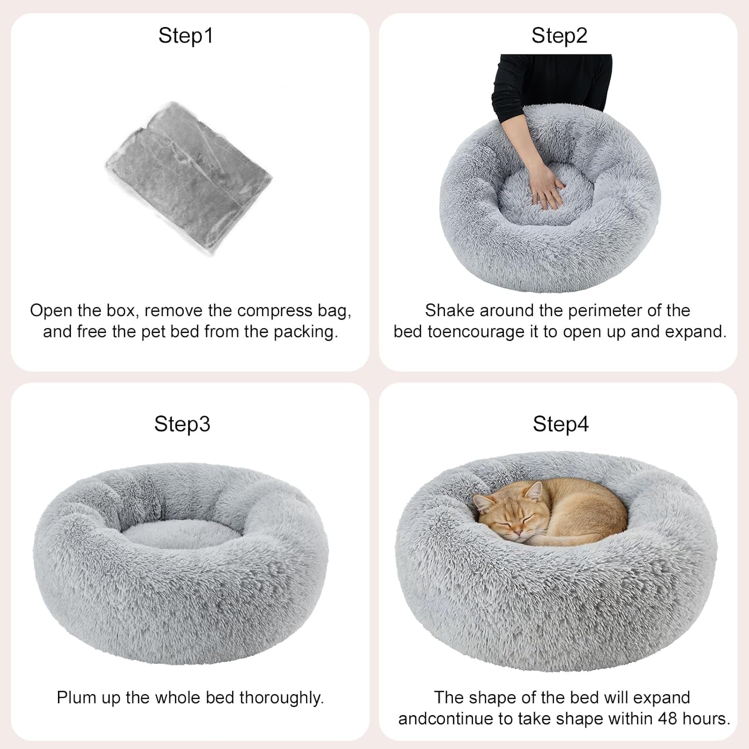 Dog Calming Beds for Small Medium Dogs - round Donut Washable Dog Bed, Anti-Slip Faux Fur Fluffy Donut Cuddler Anxiety Cat Bed(Light Grey 32")