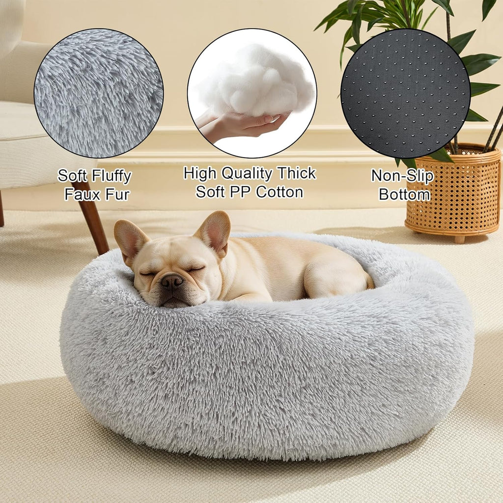 Dog Calming Beds for Small Medium Dogs - round Donut Washable Dog Bed, Anti-Slip Faux Fur Fluffy Donut Cuddler Anxiety Cat Bed(Light Grey 32")