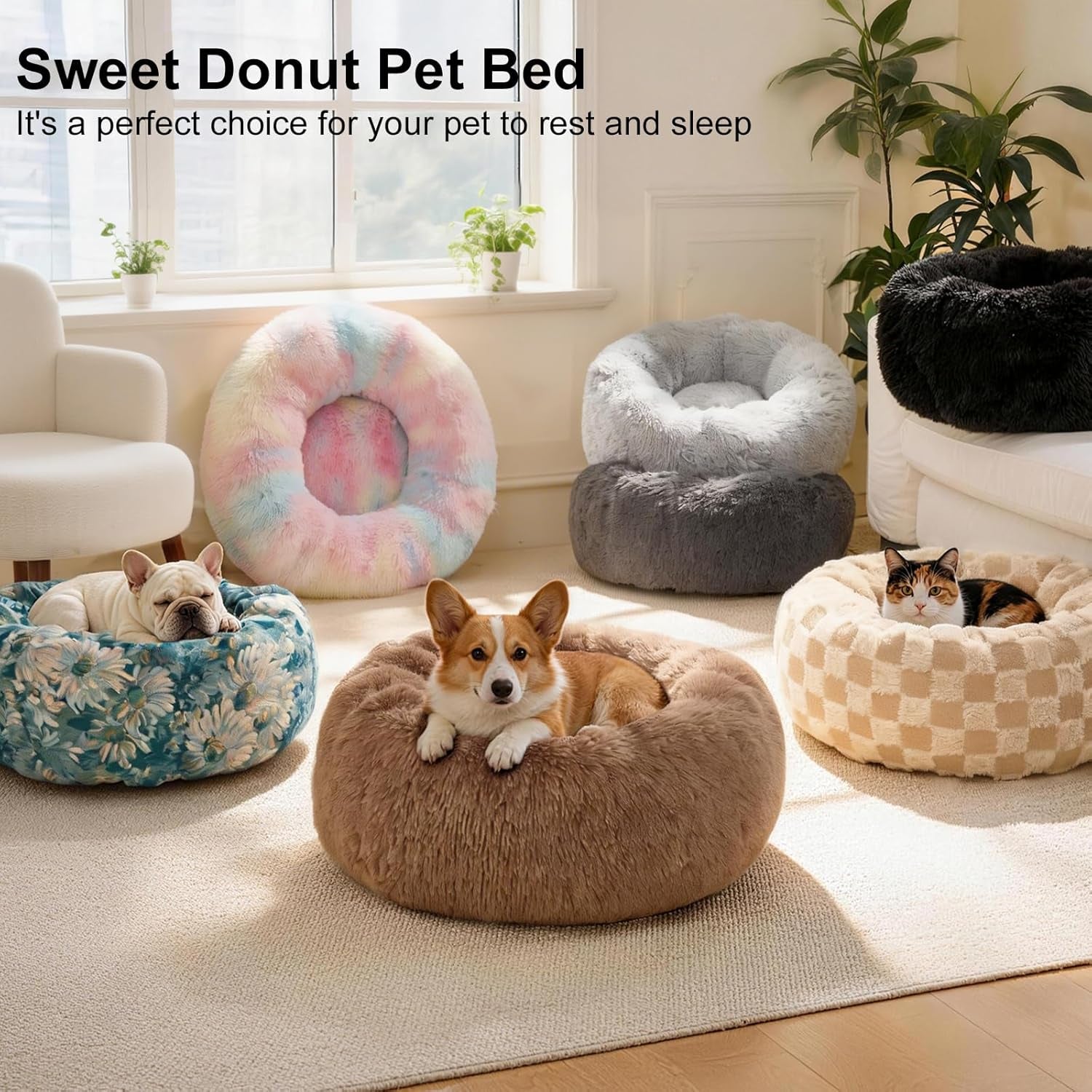 Dog Calming Beds for Small Medium Dogs - round Donut Washable Dog Bed, Anti-Slip Faux Fur Fluffy Donut Cuddler Anxiety Cat Bed(Light Grey 32")